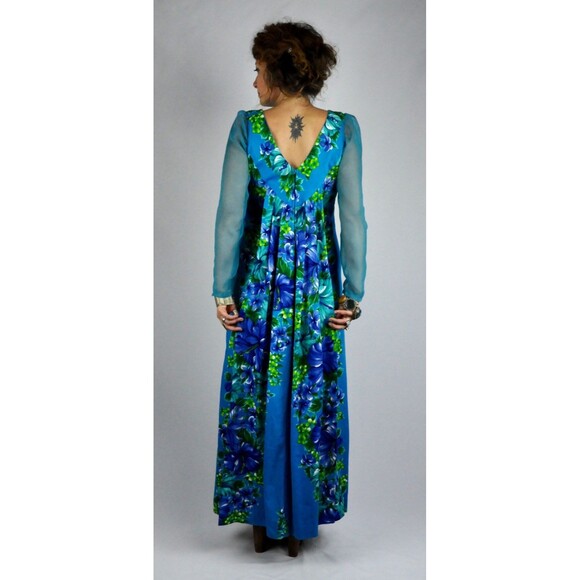 HAWAIIAN Maxi Dress Plunging LOW V Back & Long Sheer Sleeves Psychedelic Floral - Picture 5 of 5